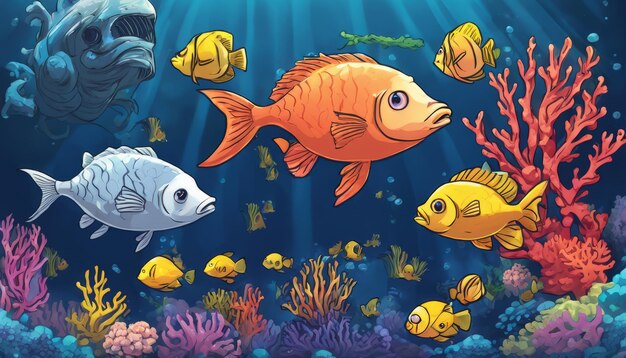 Uma ilustração colorida de peixes em um oceano azul