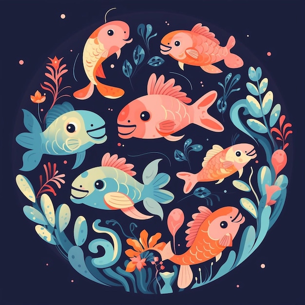 Uma ilustração colorida de peixes nadando em um círculo.
