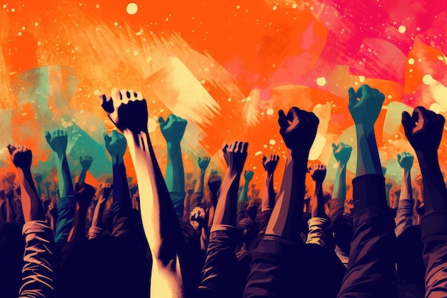 Uma ilustração colorida de pessoas com as mãos para cima