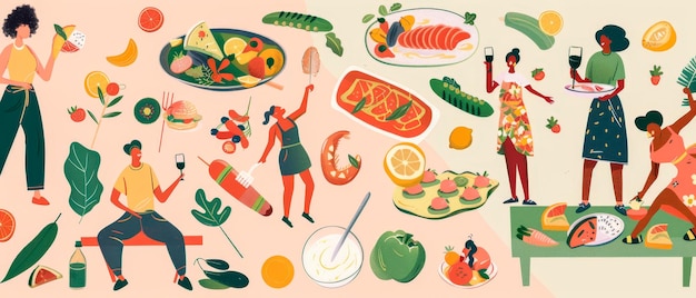 Uma ilustração colorida de pessoas comendo e bebendo