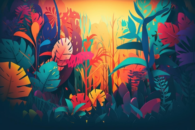 Uma ilustração colorida de plantas e flores em uma floresta.