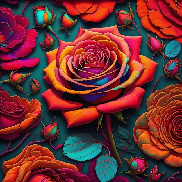 Uma ilustração colorida de rosas com folhas na parte inferior.