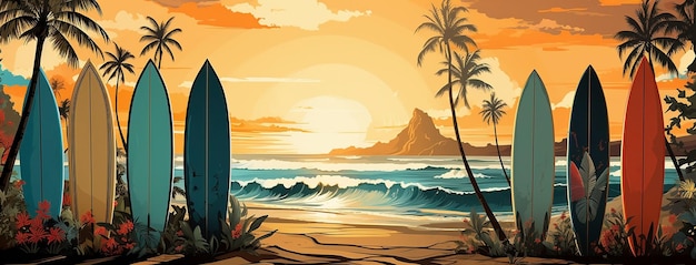 Uma ilustração colorida de tábuas de surf no pôr-do-sol à noite na praia