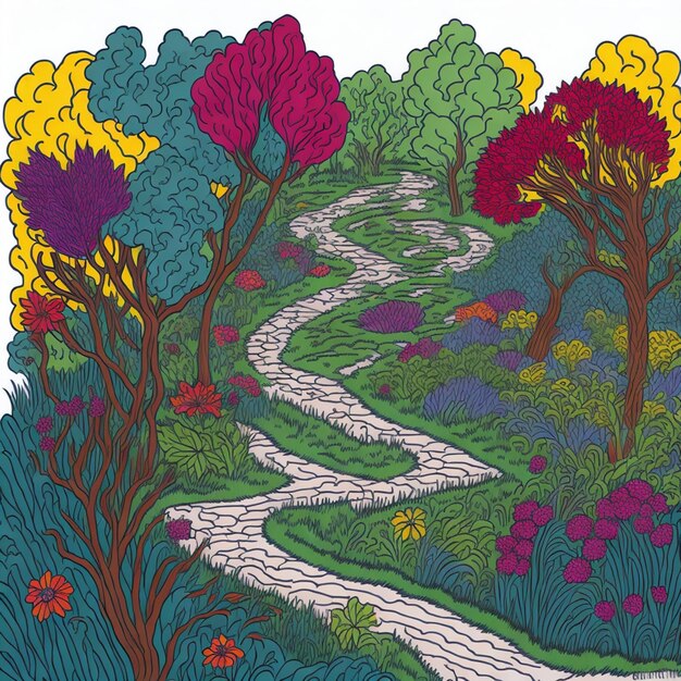 Uma ilustração colorida de um caminho em uma floresta com flores e árvores.