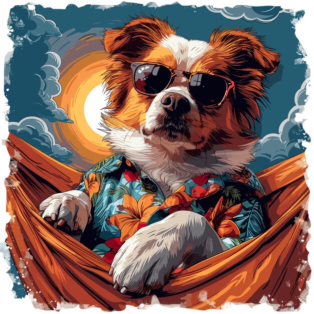 Uma ilustração colorida de um cão usando óculos de sol e uma camisa havaiana descansando em uma hamaca