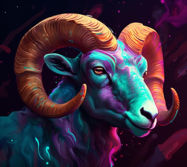 Uma ilustração colorida de um carneiro com grandes chifres.