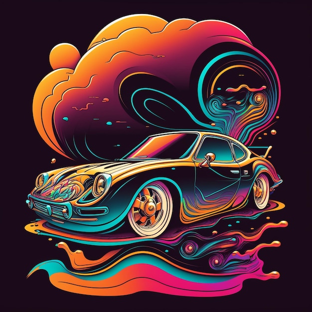 Uma ilustração colorida de um carro com um fundo de arco-íris.