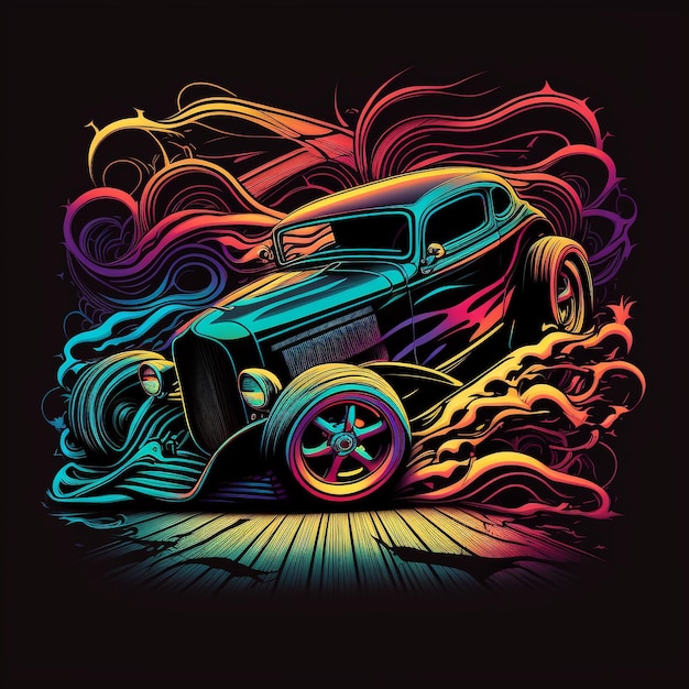 Uma ilustração colorida de um carro com um fundo preto e a palavra hot rod na parte inferior.