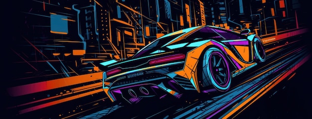 Uma ilustração colorida de um carro na cidade.