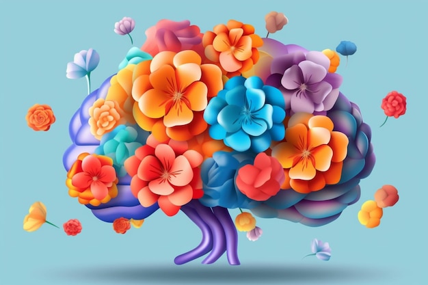 Uma ilustração colorida de um cérebro com flores nele.