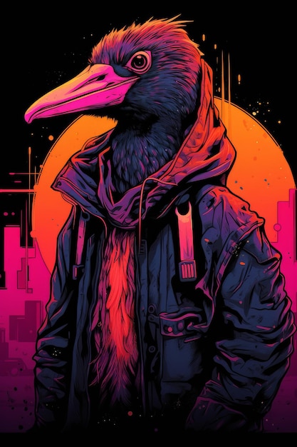 Uma ilustração colorida de um corvo com um casaco preto e um círculo rosa nas costas.