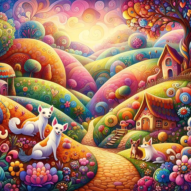 uma ilustração colorida de um gato e um gato branco com um fundo colorido