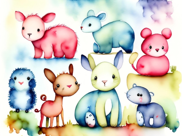 Uma ilustração colorida de um grupo de animais, incluindo um cordeiro, uma ovelha, um coelho, um coello, um cervo, um coelo e um urso.