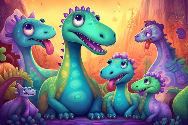 Uma ilustração colorida de um grupo de dinossauros.