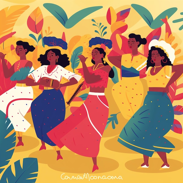 Foto uma ilustração colorida de um grupo de pessoas dançando em estilo colombiano
