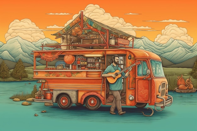 Uma ilustração colorida de um homem tocando violão na frente de uma van.