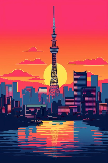 Uma ilustração colorida de um horizonte da cidade com um rio na frente dele generative ai