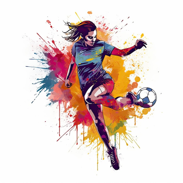 Uma ilustração colorida de um jogador de futebol chutando uma bola.