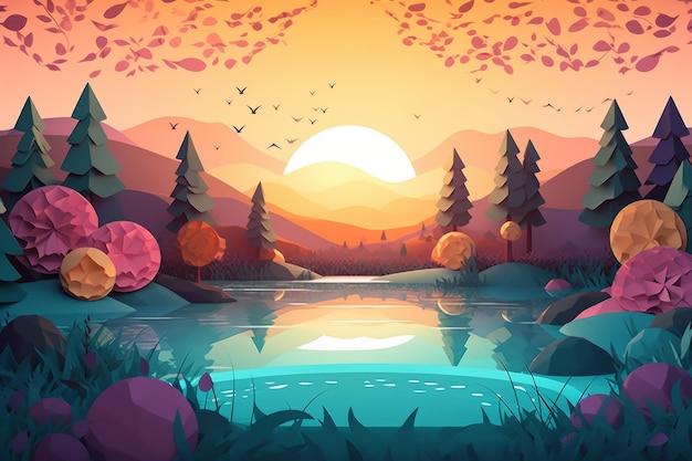 Uma ilustração colorida de um lago com um pôr do sol e árvores.
