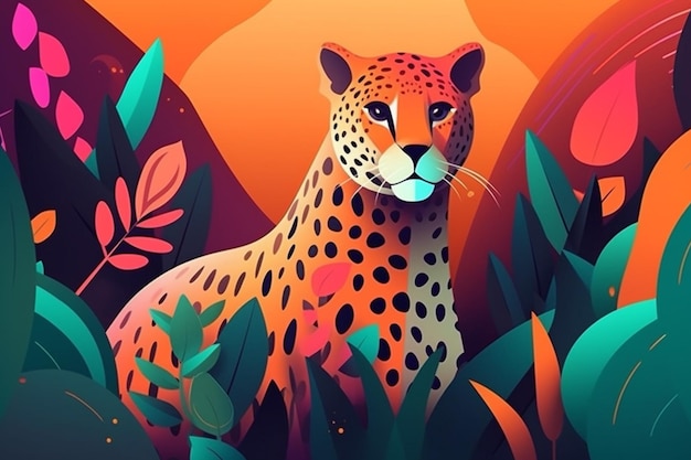 Uma ilustração colorida de um leopardo na selva.