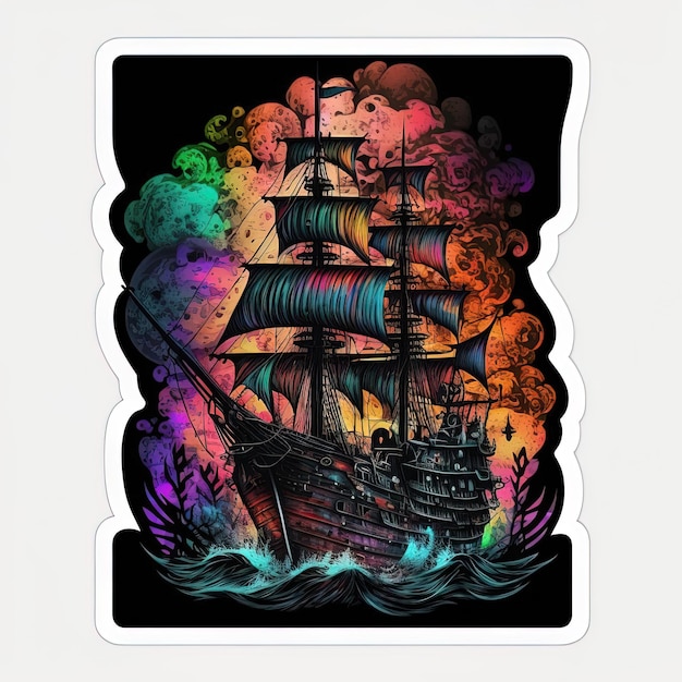 Uma ilustração colorida de um navio com um fundo de arco-íris.