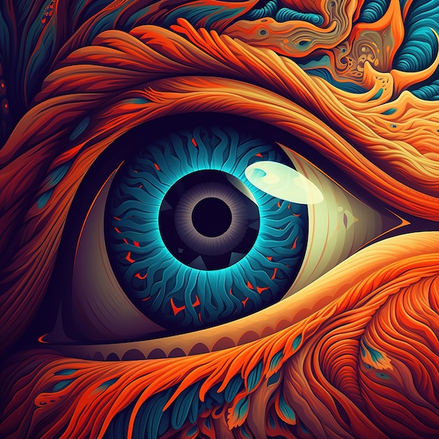 Uma ilustração colorida de um olho com um pássaro nele.
