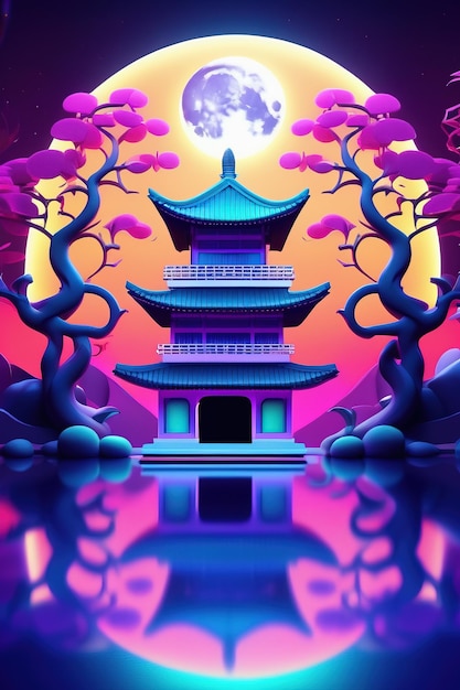 uma ilustração colorida de um pagode com um céu roxo e árvores refletidas na água.