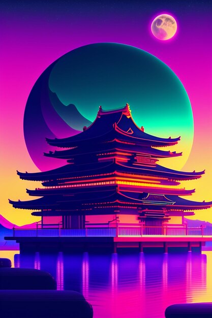 Uma ilustração colorida de um pagode com uma lua atrás dele
