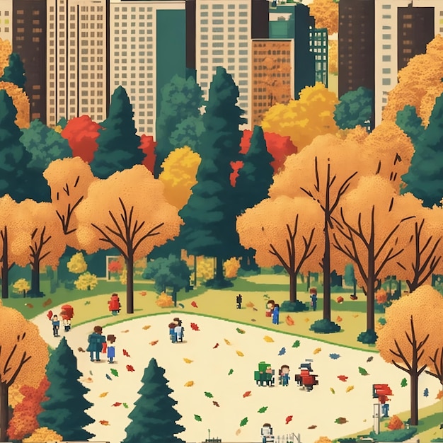 Uma ilustração colorida de um parque com pessoas e um parque no fundo no outono