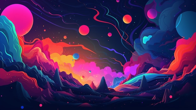 Uma ilustração colorida de um planeta com um fundo preto e um céu azul com estrelas.
