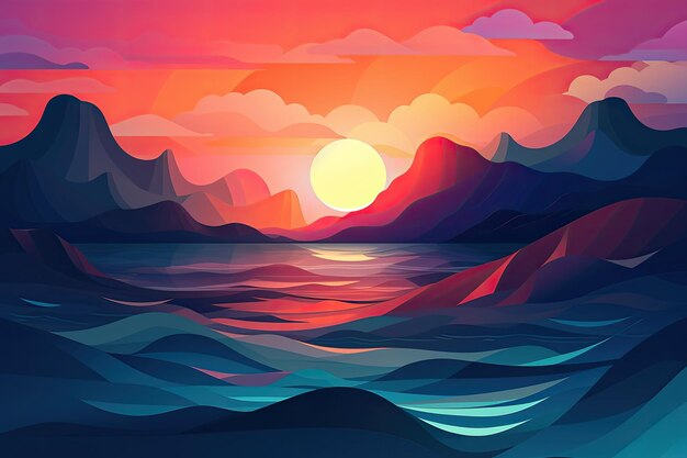 Uma ilustração colorida de um pôr do sol com montanhas e o sol ao fundo Generative Ai