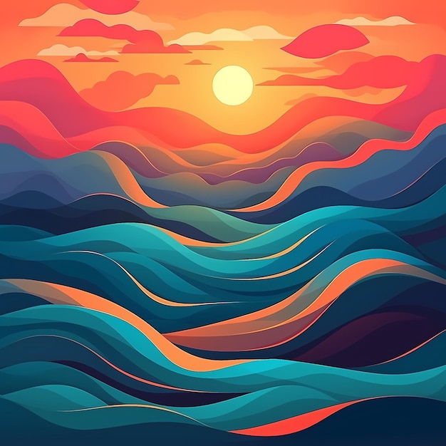 Uma ilustração colorida de um pôr do sol com montanhas e ondas.