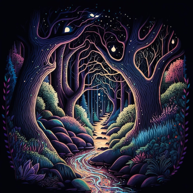 Uma ilustração colorida de um riacho em uma floresta com uma árvore no lado esquerdo.