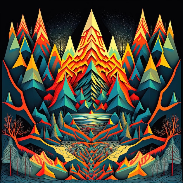 Uma ilustração colorida de um rio cercado por árvores e montanhas.