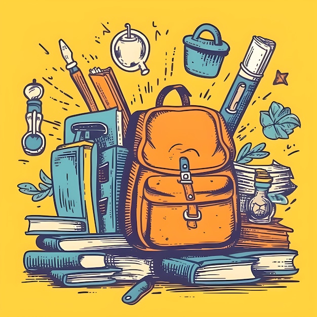 Uma ilustração colorida de um tema de volta às aulas, incluindo uma mochila com um relógio