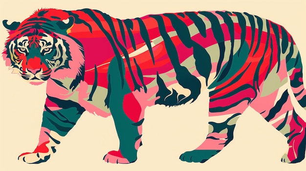 Foto uma ilustração colorida de um tigre com um esquema de cores vermelho, verde, azul e rosa