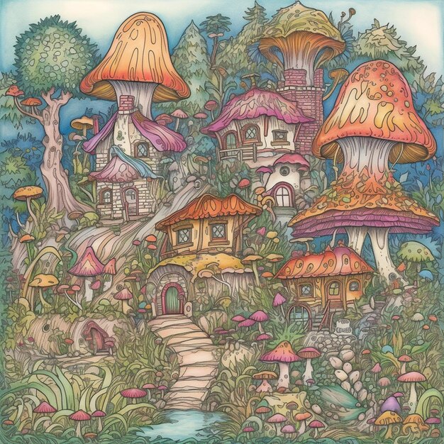 Uma ilustração colorida de uma aldeia de cogumelo.