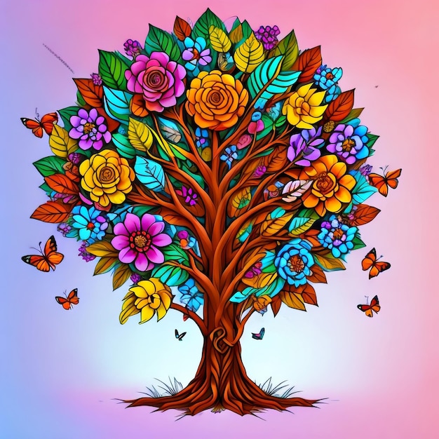 Uma ilustração colorida de uma árvore com flores e borboletas.