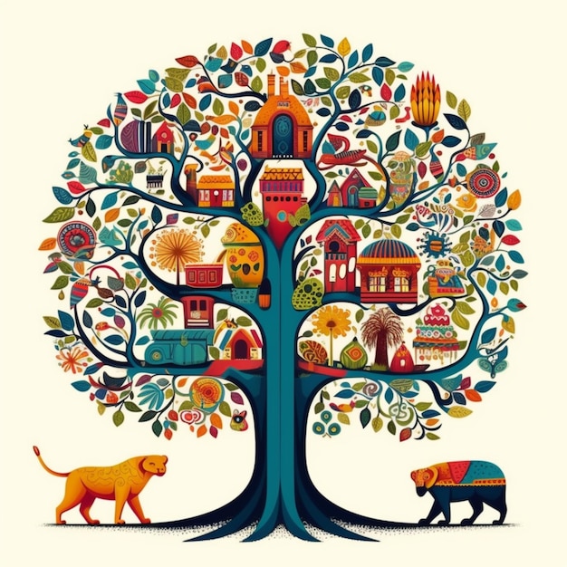 Uma ilustração colorida de uma árvore com um gato e uma casa nele.