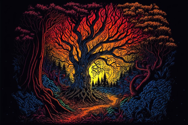 Uma ilustração colorida de uma árvore na floresta com o sol brilhando através dela.