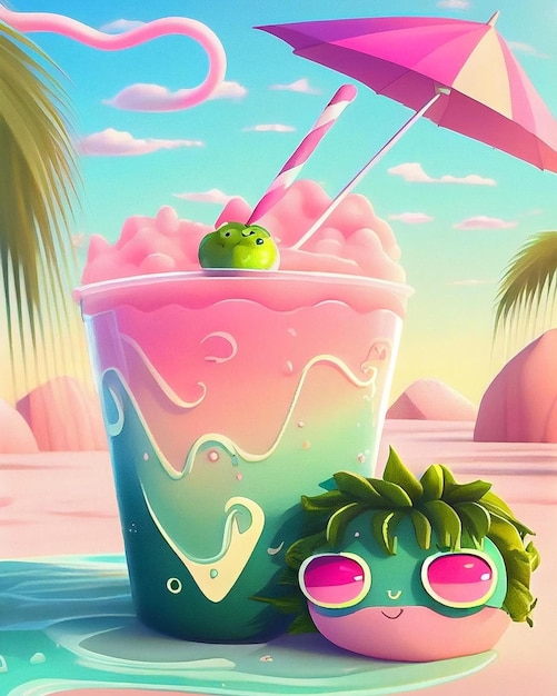 Uma ilustração colorida de uma bebida tropical com um monstro verde na praia.
