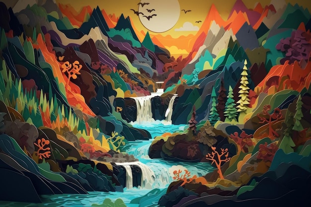 Uma ilustração colorida de uma cachoeira com o sol brilhando sobre ela.