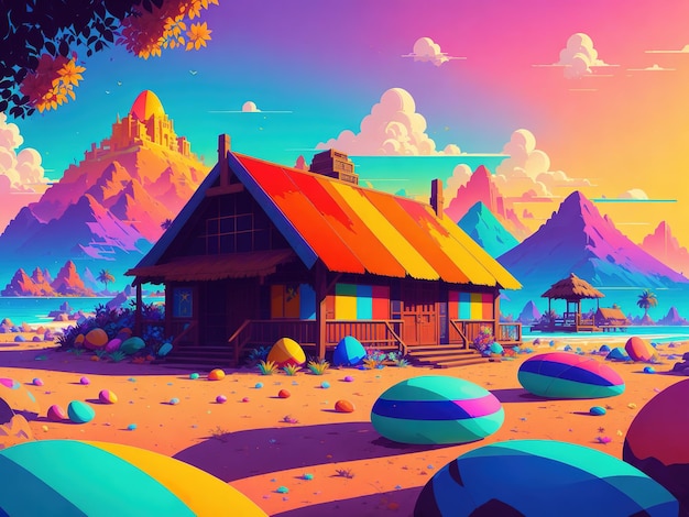 Uma ilustração colorida de uma casa com um telhado que diz páscoa nele.