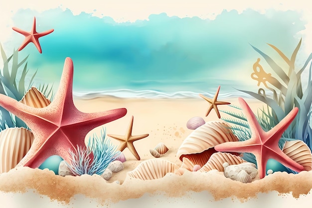 Uma ilustração colorida de uma cena de praia com estrelas do mar e conchas.