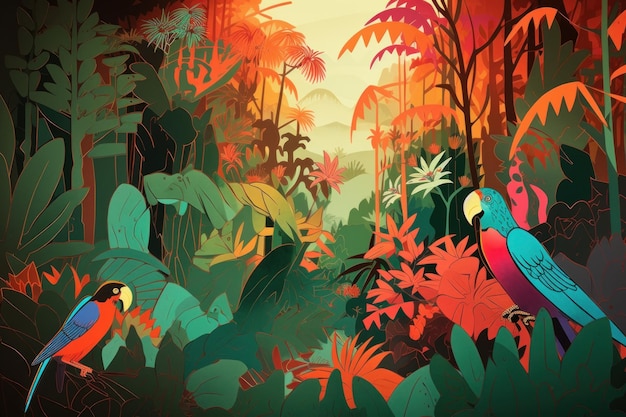 Uma ilustração colorida de uma cena de selva com um papagaio e uma flor.