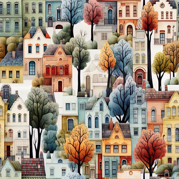 uma ilustração colorida de uma cidade com casas e árvores.