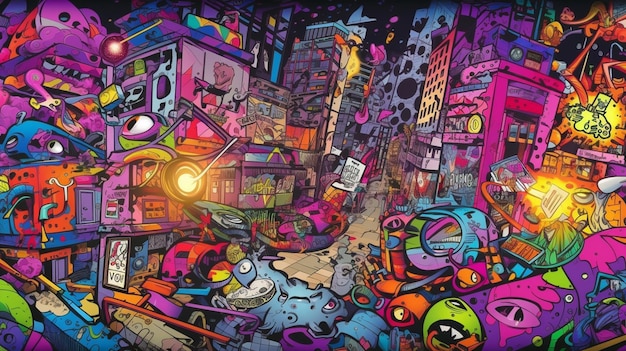 Uma ilustração colorida de uma cidade com um monte de graffiti nela.