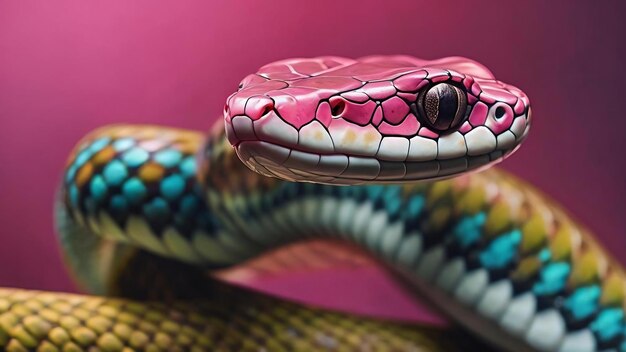 Uma ilustração colorida de uma cobra com uma mancha rosa