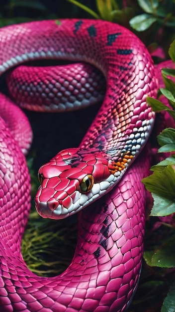 Uma ilustração colorida de uma cobra com uma mancha rosa