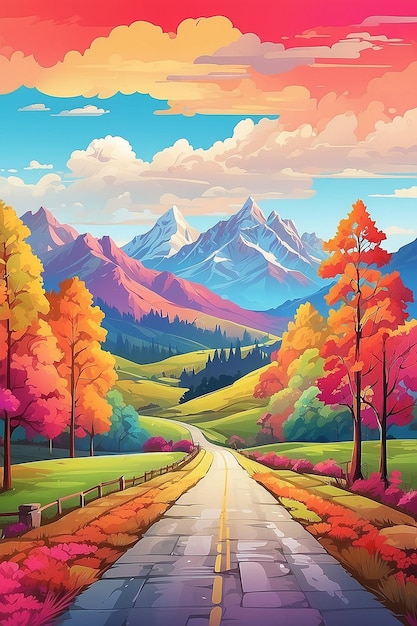 Uma ilustração colorida de uma estrada de campo com árvores e montanhas ao fundo